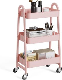3 Tier Utility Rolling Cart, Metal Mobile Storage Shelf with Lockable Caster Wheels, Organization for Livingroom, Bathroom Narrow Places, Pink