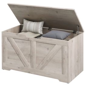 31.5 Inches Storage Chest, Storage Trunk with 2 Safety Hinges, Wooden Box for Living Room, Grey Wood Grain