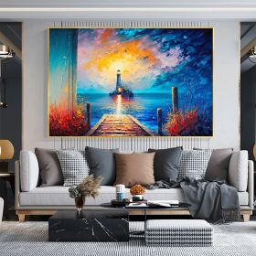 Hand Painted Oil Painting Abstract Coastal Landscape Oil Painting On Canvas Large Wall Art Original Lighthouse Painting Sunset Painting Custom Pa (Style: 01, size: 150x220cm)